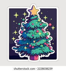 Christmas tree cartoon sticker, xmas tree with toys stickers collection. New-year holidays