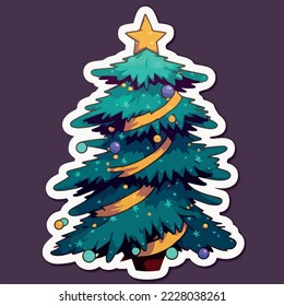 Christmas tree cartoon sticker, xmas tree with toys stickers isolated decoration. Multicolor