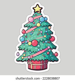 Christmas tree cartoon sticker, xmas tree with toys stickers collection. Multicolor
