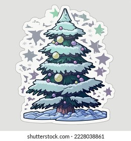 Christmas tree cartoon sticker, xmas cute tree with toys stickers. Winter holidays