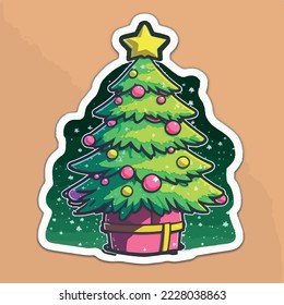 Christmas tree cartoon sticker, xmas tree with toys stickers isolated decoration. Winter holidays