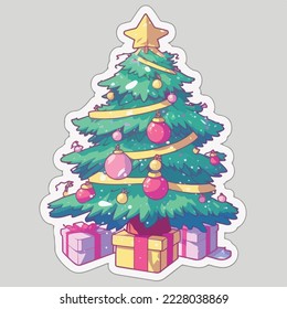 Christmas tree cartoon sticker, xmas tree with toys stickers pack. Winter holidays