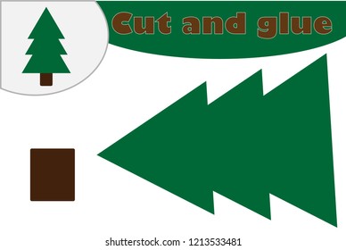 Christmas tree cartoon style, education game for the development of preschool children, use scissors and glue to create the applique, cut parts of the image and glue on the paper, vector illustration