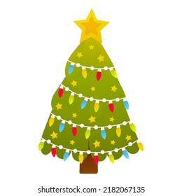 Christmas tree in cartoon style, isolated on white background, clip art for poster design or greetings cards, invitations