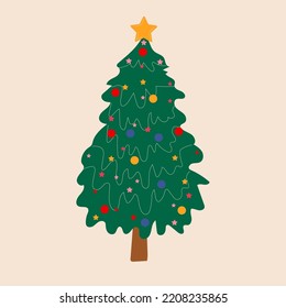 Weihnachtsbaum im Cartoon-Stil, Vektorgrafik. Grüne Tannenbäume mit Geschenkbox, Weihnachtsstern, Bälle, Bonbons und Lichter. Happy New Year Concept