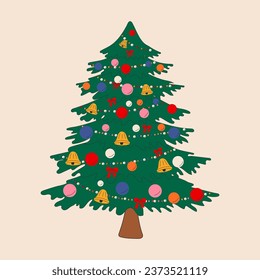Weihnachtsbaum im Cartoon-Stil, Vektorgrafik. Grüne Tannenbäume mit Geschenkbox, Weihnachtsstern, Bälle, Bonbons und Lichter. Happy New Year Concept