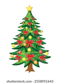 Christmas tree in cartoon style. Vector illustration of a festive Christmas tree decorated with snowflakes, colored balls, shining garlands, red bows, a star isolated on a white background. New Year.