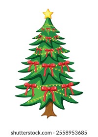 Christmas tree in cartoon style. Vector illustration of festive green fir tree with trunk decorated with shining garlands, red ribbon bows, yellow star isolated on white background. Holiday. New Year.