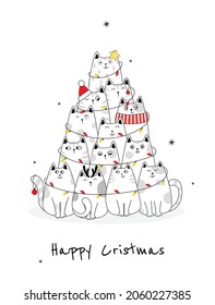 Christmas tree with cats. Doodle cartoon style.