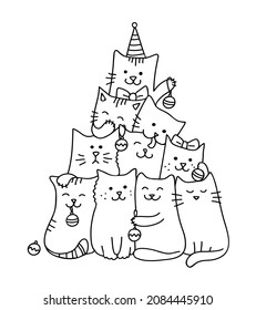 Christmas tree with cats. Funny children's coloring for cats lovers. Cute New Year cats. Hand drawn pets in doodle cartoon style. Black outlines isolated on a white background. Vector illustration.