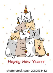 Christmas tree with cats. Merry Christmas and a Happy New Year card. Cute cartoon character cats celebrating winter holiday. Hand drawn Vector illustration of funny pets isolated on a white background