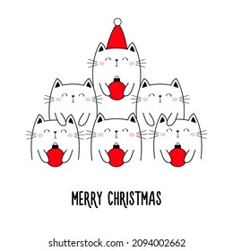Christmas tree cats. Merry Christmas Happy New Year. Triangle shape. Cute cartoon kawaii pet set. Doodle line kitten kitty. Santa Claus red hat. Xmas ball toy. Flat design. White background. Vector
