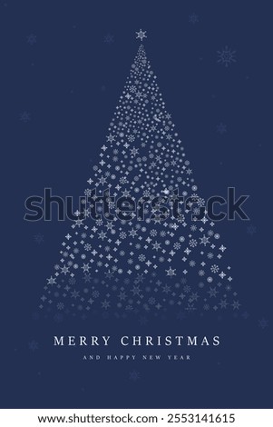 Christmas tree ceated in snow flakes, white snow flakes on blue background. snow tree with A Merry Christmas and Happy New Year text for greeting card vector
