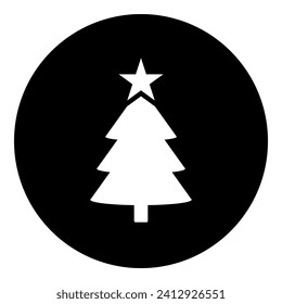 A Christmas tree in the center. Isolated white symbol in black circle. Vector illustration on white background