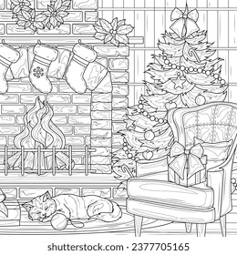 
Christmas tree and a chair by the fireplace.Coloring book antistress for children and adults. Illustration isolated on white background.Zen-tangle style. Hand draw