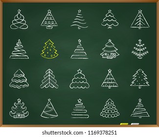 Christmas Tree chalk icons set. Outline web sign kit of stylized spruce. Fir Farm linear icon stand fir farm. Hand drawn by pastel crayon simple christmas tree symbol on chalkboard vector Illustration