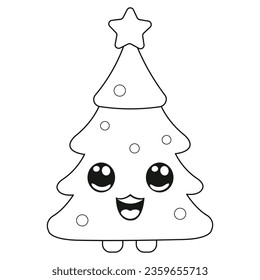 Christmas tree character coloring book. Outline vector illustration