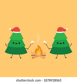 Christmas tree character design. Christmas tree  vector. Burned Marshmallows. Marshmallow stick and Bonfire vector.