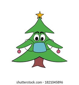Christmas tree character with face mask. Crazy drawing of a Christmas mascot with face covered to prevent getting covid 19 corona virus.