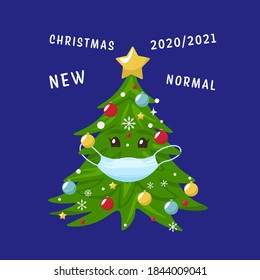 Christmas tree character with a face mask protection. Social distance poster. Xmas celebration. Coronavirus new normal reality. Corona virus quarantine. Editable vector illustration on blue background