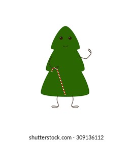 Christmas tree character holding candy cane in his arm isolated on white background. Logo template. Design element