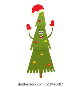 Christmas tree character with red hat and mittens in cartoon style, vector illustration isolated on white. Green fir tree with balls and garlands.