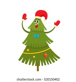 Christmas tree character with red hat and mittens in cartoon style, vector illustration isolated on white. Green fir tree with balls and garlands, used for magazine or book, poster, card, web pages.