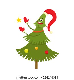 Christmas tree character with red hat and mittens in cartoon style, vector illustration isolated on white. Green fir tree with balls and garlands, used for magazine or book, poster, card, web pages.