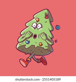 Christmas tree character running with a scared face vector illustration. Holiday, mascot design concept.