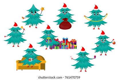 Christmas Tree Character Set, Collection, Merry Xmas and Happy New Year, Cartoon Personage Hand Drawn Vector Illustration EPS