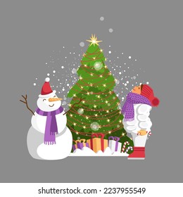 christmas tree. a child in warm clothes. Christmas Eve. vector illustration of a baby and a snowman near a Christmas tree
