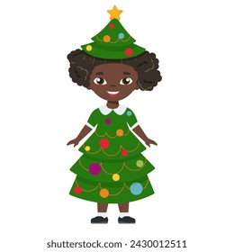 Christmas tree children costume. Holiday winter party carnival vector cartoon illustration