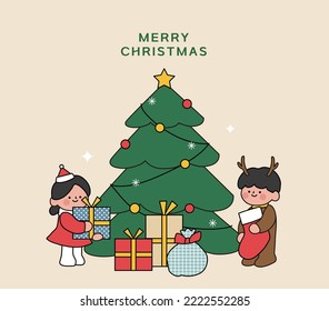 Christmas tree, children holding gifts, Christmas event