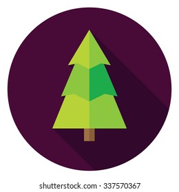 Christmas Tree Circle Icon. Flat Design Vector Illustration with Long Shadow. Merry Christmas and Happy New Year Symbol.