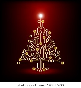 A Christmas tree circuit board on red background. EPS10 vector format