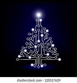 Un tablero de circuito de árboles de Navidad con fondo verde azul. Formato vectorial EPS10