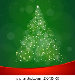 Christmas tree with circular bokeh and sparkle light, vector background.