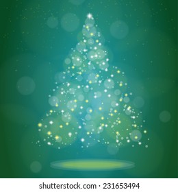 Christmas tree with circular bokeh and sparkle light, vector background.
