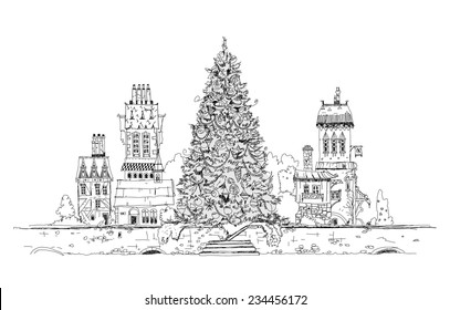 Christmas tree in city, sketch collection