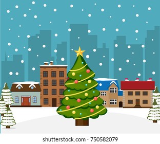 Christmas tree in city. vector illustration