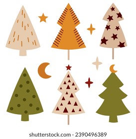 Christmas tree clipart for cozy Christmas decor. Merry Christmas clipart. Boho Christmas tree. Vector illustration	