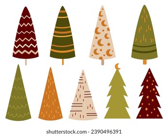 Christmas tree clipart for cozy Christmas decor. Merry Christmas clipart. Boho Christmas tree. Vector illustration	