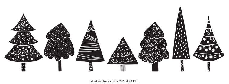 Christmas tree clipart set linocut scandistyle stencil templates