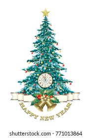 Christmas tree with clock and bells on a white background.Vector illustrations
