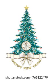 Christmas tree with clock and bow on a white background.Vector illustrations