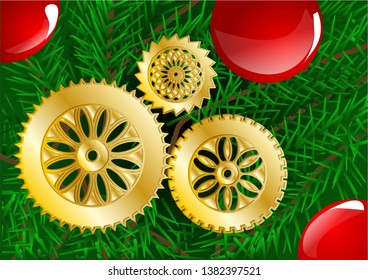 christmas tree. close up with balls and gears