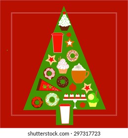 Christmas tree with coffee and cakes, cupcakes.Vector illustration