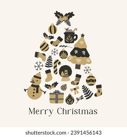 Christmas tree collage of christmas elements. Black and gold hand drawn vector flat illustration. For winter poster, card, scrapbooking, invitation, social media, post, prints