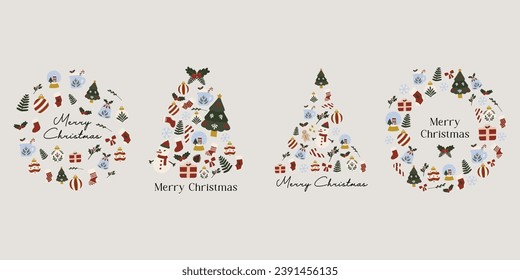 Collage de árboles de Navidad de la colección de elementos de navidad. Colorida ilustración plana vectorial dibujada a mano. Para afiches de invierno, tarjeta, reserva de recortes, invitación, medios sociales, publicaciones, impresiones