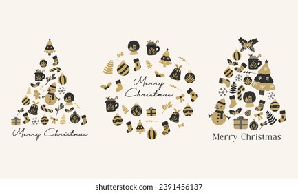 Christmas tree collage of christmas elements collection. Black and gold hand drawn vector flat illustration. For winter poster, card, scrapbooking, invitation, social media, post, prints